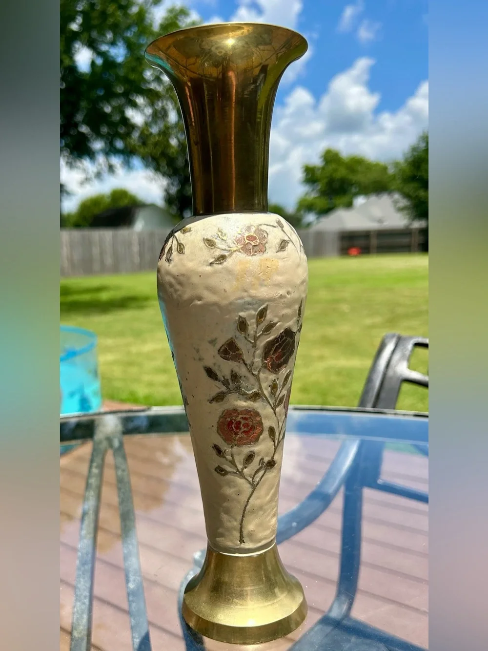 Vintage Enameled Brass Rose Bud Vase 70s India Cloisonne Style - Picture 3 of 12